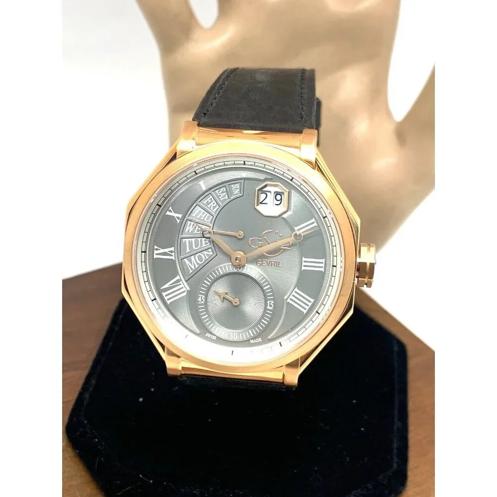 Gevril GV2 Men's Watch 42423 Swiss Quartz Gray Dial Black Leather Strap 44mm